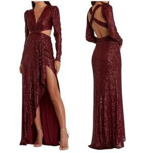 Mac Duggal NWT Dark Red Sequined Criss Cross Cutout Long Sleeve Gown Size 2